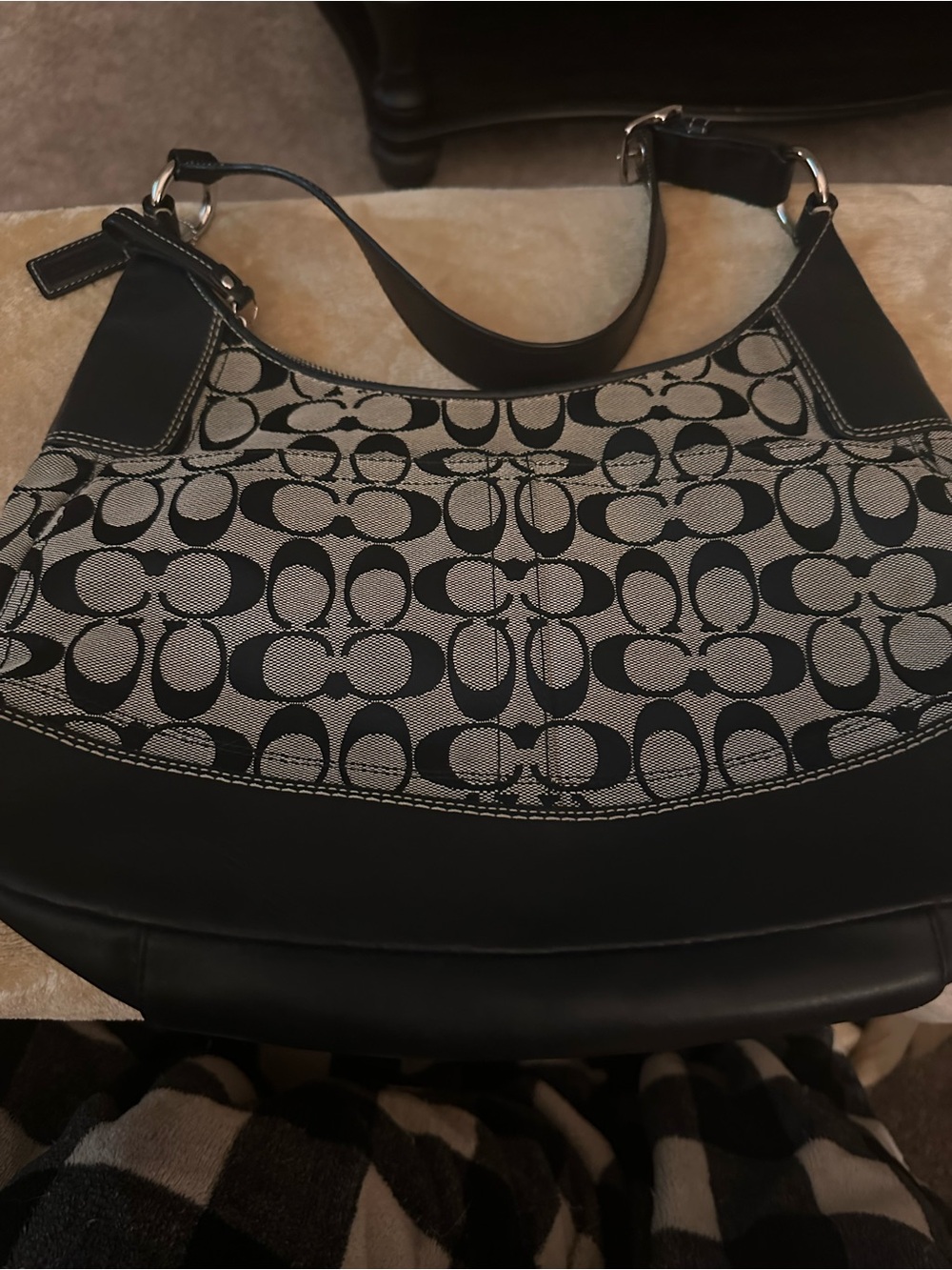 Coach F13069 Signature Hampton Hobo Black Gray Jacquard Shoulder Bag